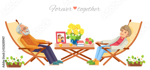 Senior couple relaxing in garden, isolate on white background. Forever together, happy family. vector flat, cartoon illustration