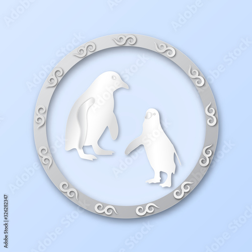 Logo pattern with round frame and white penguin pattern for wild animal concept  vector or illustration with paper art style