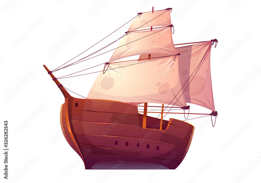 Vector wooden boat with white sails. Pirate or merchant ship with