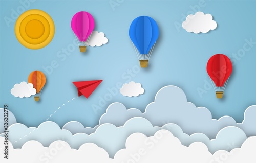 Fototapeta Naklejka Na Ścianę i Meble -  colorful hot air balloons and red paper airplane flying in the air with blue cloudy sky background. Paper cut poster template with air balloons. flyers, banners, posters and templates design.