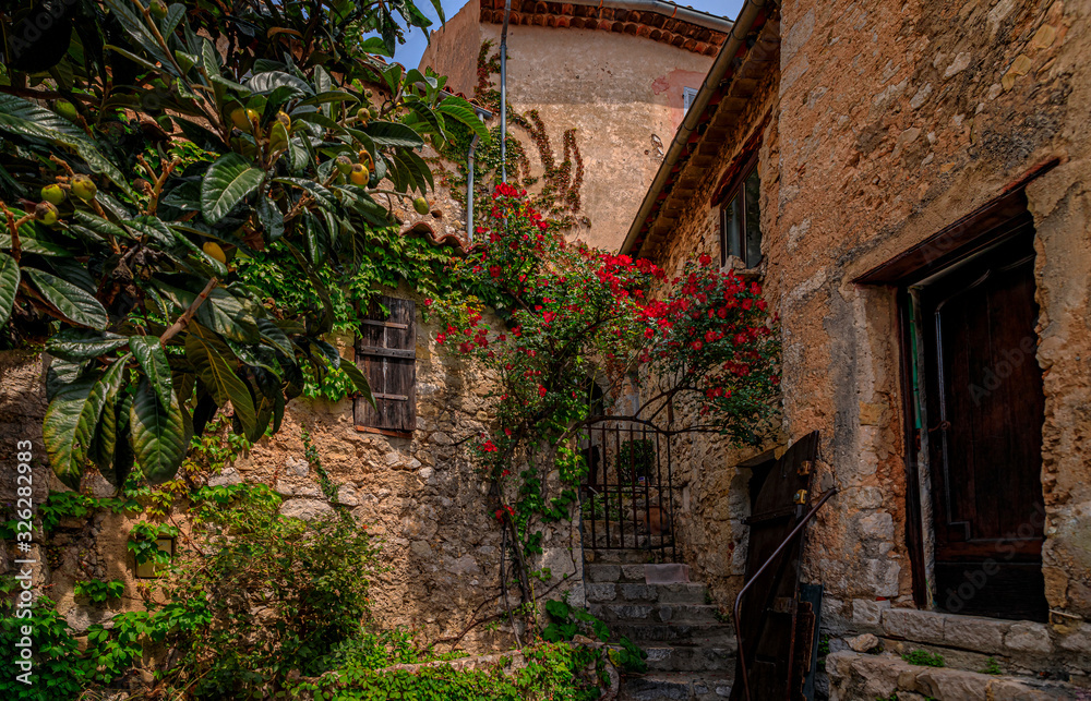 Old buildings with flowers in the streets of Eze Village, medieval city in South of France along the Mediterranean Sea