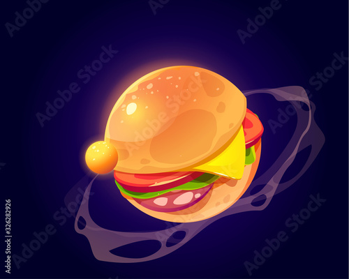 Burger planet in outer space. Vector cartoon funny art of food planet, sphere with hamburger texture in cosmos. Illustration for gui of fantasy game about tasty galaxy world