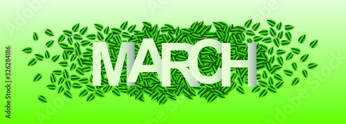 March. Horizontal banner with green leaves.