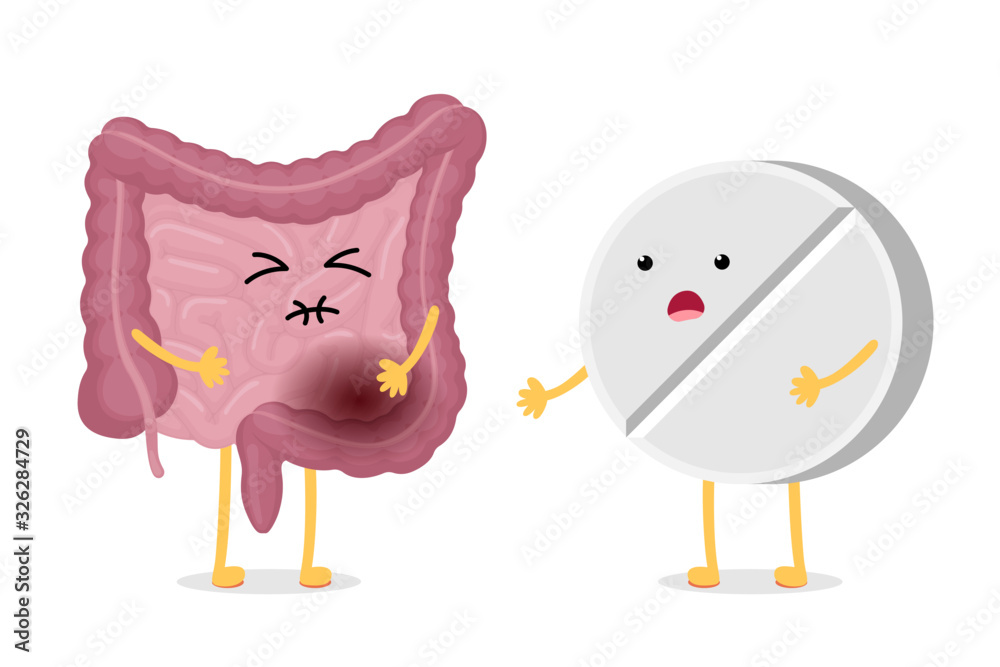 Sad suffering sick intestine pain and medicine drug tablet cartoon character. Abdominal cavity digestive and excretion human internal unhealthy organ treatment. Inflammation indigestion vector concept - obrazy, fototapety, plakaty 