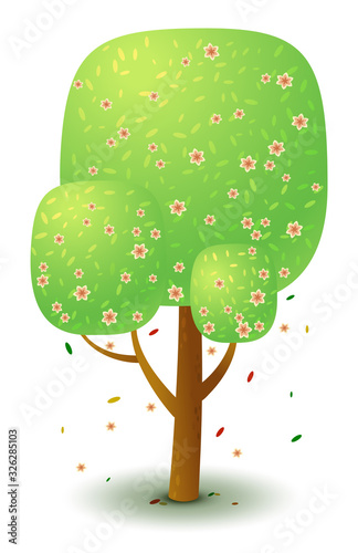 Vector green tree with pink flowers in spring and summer. Stylized drawing for logo design, build 2D games or postcards.