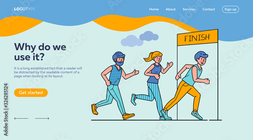 Group of sportsmen running marathon vector illustration. Sprinters crossing finish line, sport-jogging tournament. Healthy lifestyle and outdoor summer activity concept.
