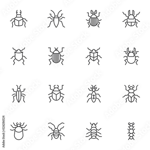 Bugs insects line icons set. linear style symbols collection, outline signs pack. Pests bug vector graphics. Set includes icons as caterpillar, beetle, parasite, cricket, flea, ant, gnat