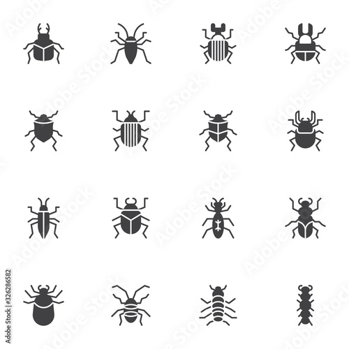 Bugs insects vector icons set, modern solid symbol collection, Pests bug filled style pictogram pack. Signs, logo illustration. Set includes icons as caterpillar, beetle, parasite, cricket, flea, ant