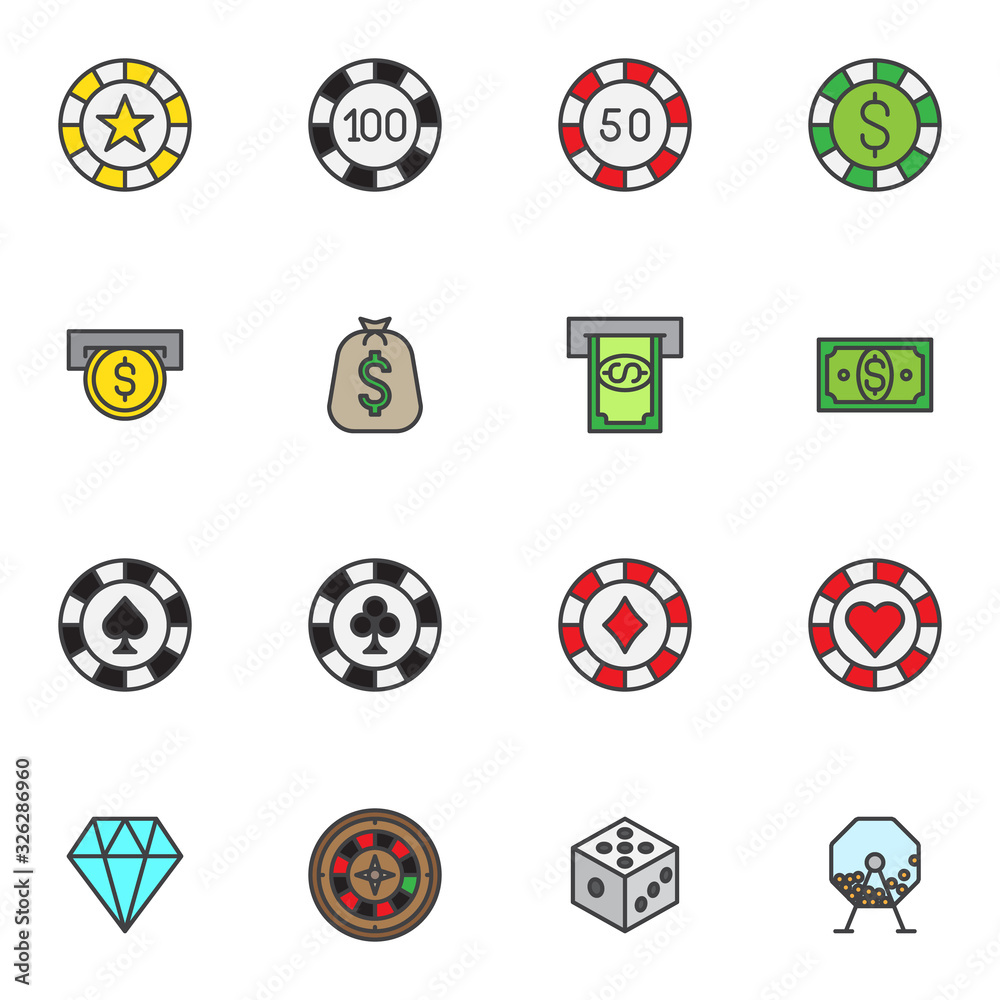 Casino money filled outline icons set, line vector symbol collection, Gambling chips linear colorful pictogram pack. Signs logo illustration, Set includes icons money bag, coin insert, dice, diamond Casino money filled outline icons set, line vector symbol collection, Gambling chips linear colorful pictogram pack. Signs logo illustration, Set includes icons money bag, coin insert, dice, diamond