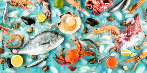 Fotografía Fish and seafood flat lay overhead panorama