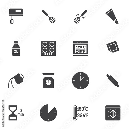 Cooking instructions vector icons set, modern solid symbol collection, filled style pictogram pack. Signs, logo illustration. Set includes icons as cooking utensils, kitchen scales, hand mixer, stove