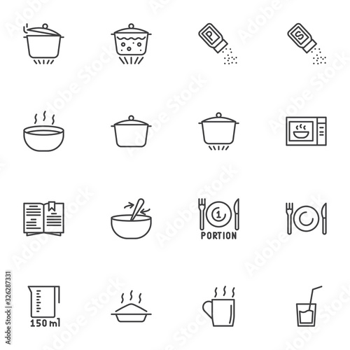 Cooking and preparation line icons set. linear style symbols collection, cooking instructions outline signs pack. vector graphics. Set includes icons as saucepan, boiling pan, microwave oven, cookbook