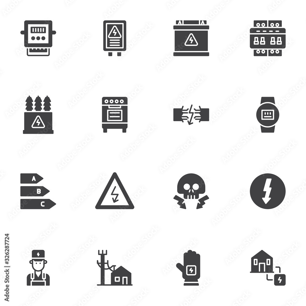 Electricity supplies vector icons set, modern solid symbol collection, filled style pictogram pack. Signs, logo illustration. Set includes icons as electric transformer, high voltage sign, electrician
