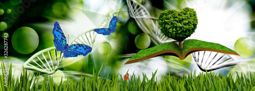 A stylized image of a tree in the shape of a heart on books on a background of a fantastic landscape with dna.