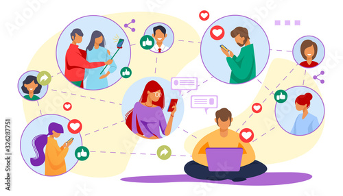 Social media network. Connected users taking pictures, posting, chatting flat vector illustration. Internet, connection, communication concept for banner, website design or landing web page
