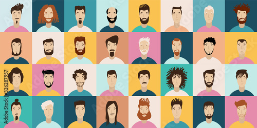 Young Man Avatar flat style vector icon set. Male Faces icon design collection with different styles of hairstyle, beard, mustache. Portrait avatars and hairstyle for man in social media.