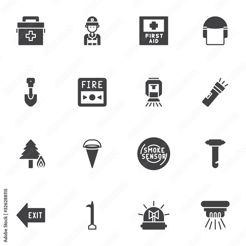 Safety instructions vector icons set, modern solid symbol collection, Emergency filled style pictogram pack. Signs, logo illustration. Set includes icons as smoke sensor, medical bag, exit direction Safety instructions vector icons set, modern solid symbol collection, Emergency filled style pictogram pack. Signs, logo illustration. Set includes icons as smoke sensor, medical bag, exit direction