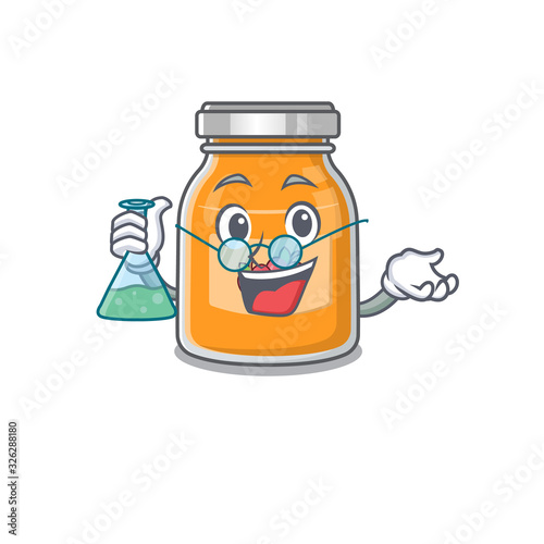 Cool apple jam Professor cartoon character with glass tube