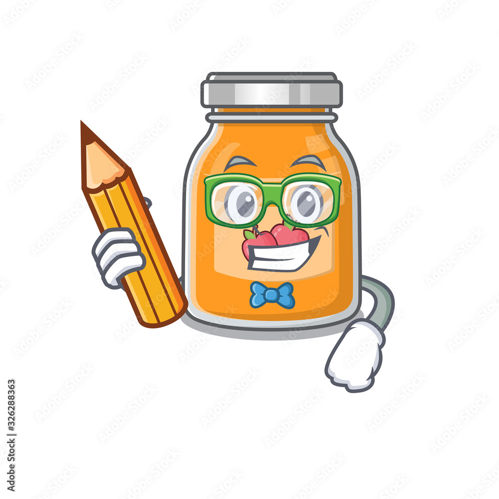 A smart Student apple jam character holding pencil