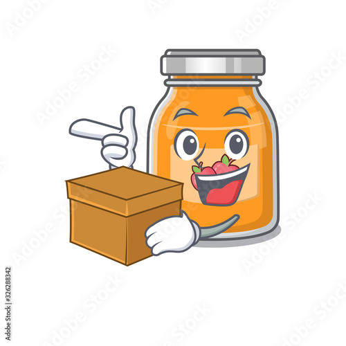 Cute apple jam cartoon character having a box