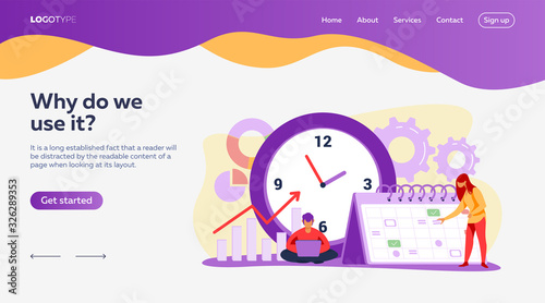 Timing and project scheduling. Managers working near calendar with marks and clock flat vector illustration. Time management, deadline concept for banner, website design or landing web page