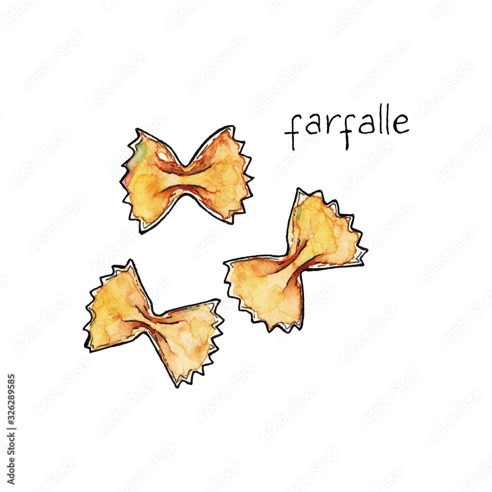 Hand drawn watercolor sketch illustration of Pasta Farfalle with lettering Farfalle isolated on white Hand drawn watercolor sketch illustration of Pasta Farfalle with lettering Farfalle isolated on white