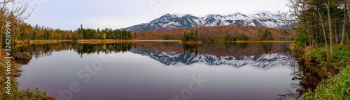 Beautiful lake reflecting blue sky like a mirror, rolling mountain range and woodland in the background on springtime sunny day. High latitude country natural beauty scenery