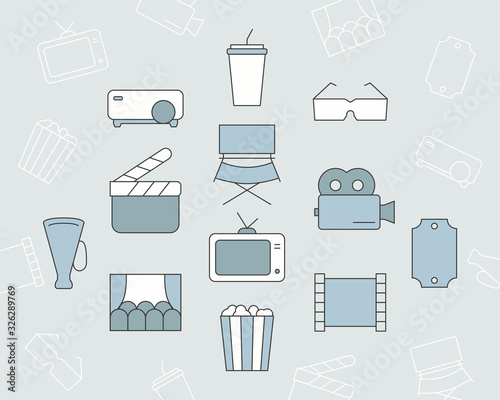 Movie Icons set - Vector color symbols and outline of film, cinema, video for the site or interface