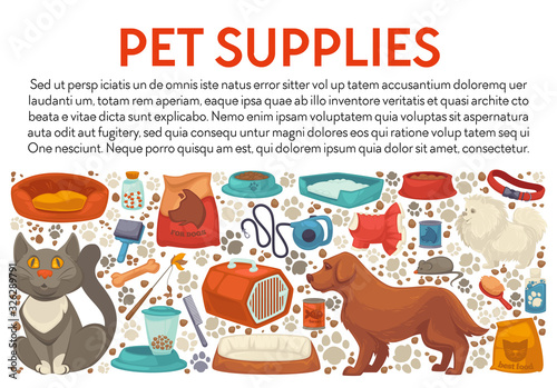 Pet supplies shop banner, cat and dog, vet market