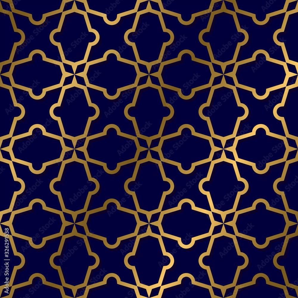 Seamless Geometric Pattern. Gold Pattern On A Dark Blue Background. For Pattern, Textile, Fabric, Wrapping Paper, Engraving, Laser Cutting. Vector Background.