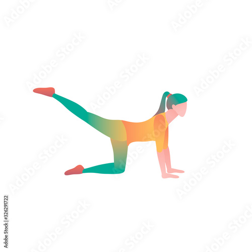 Girl is stretching in a gym, flat vector illustration. A woman in a gymnastics class at a Pilates training session. A young sports girl trains the muscles of the buttocks on a white background.