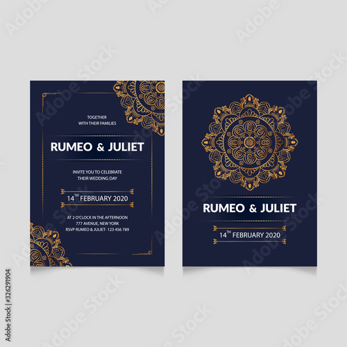 Luxury wedding invitation card template. Vector vintage hand-drawn highly detailed round mandala elements. Luxury lace festive ornament card. Islam, Arabic, Indian, Turkish, Ottoman, motifs.
