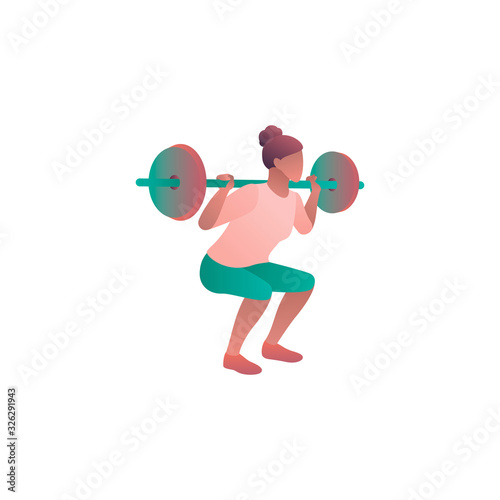 Woman workout in gym, flat vector gradient illustration. Athlete weightlifter crouch with a barbell and build a strong beautiful body. Girl at weightlifting competitions isolated on a white background
