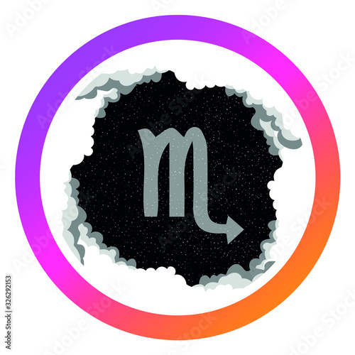 Round icon for social media stories. Perfect for bloggers. Scorpio zodiac sign. Symbol, zgachek, sticker, magnet. Ostragic horoscope. Starry sky in the clouds