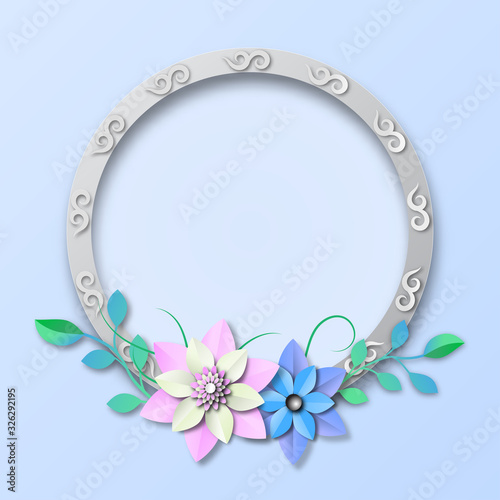 Flowers paper cut with circle and copy space, Beautiful floral bouquet on blue grey background of paper art style ,vector or illustration with greeting card concept