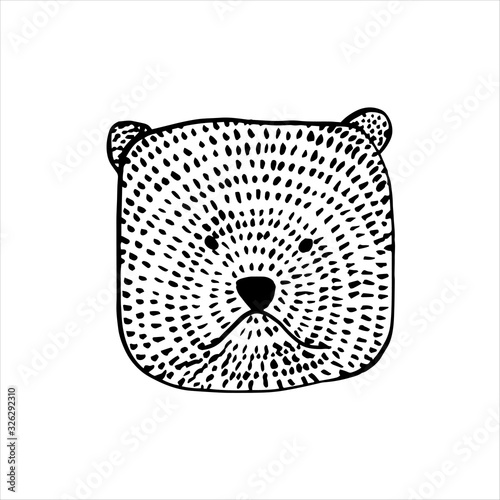 hand-drawn sad bear head cartoon - vector illustration in doodle style. Square stylized bear head with wool. Black outline drawing on a white background to create a logo, corporate identity, stickers