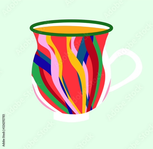 Decorative Cup design for cafes, tea, juice, posters, banners, postcards. Isolated on a blue background. Various drawings and patterns. Hand drawing