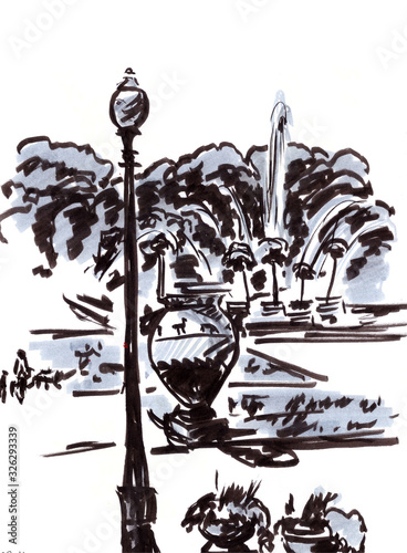 graphic black and white drawing of a fountain and decorative vase in a park