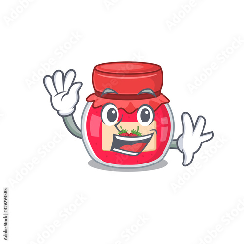 Waving friendly strawberry jam mascot design style