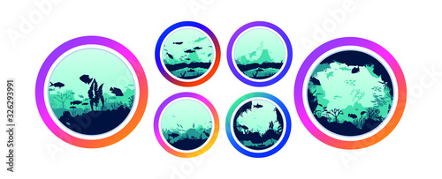 Round icon for social media stories. Perfect for bloggers. underwater scene. Silhouette of fish and algae on the background of reefs. Flora and fauna of the ocean. Vector. Bright design