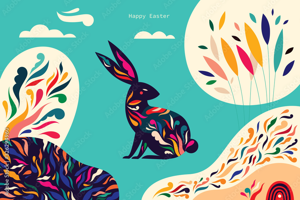 Naklejka premium Colorful illustration with hare. Happy easter greeting card with decorative easter bunny 