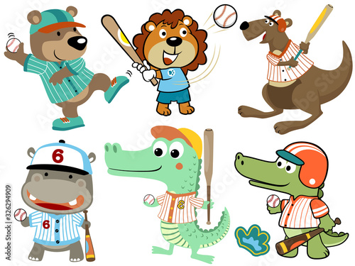 set of funny animals cartoon play baseball