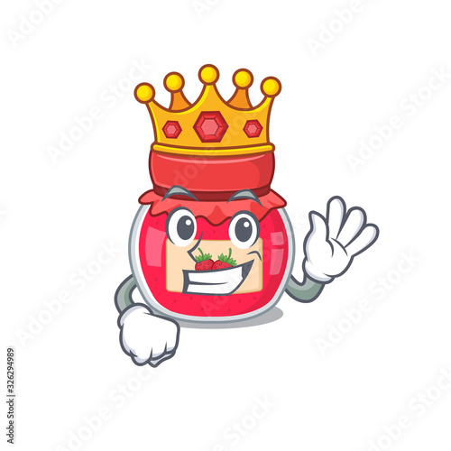 A cartoon mascot design of strawberry jam performed as a King on the stage © kongvector