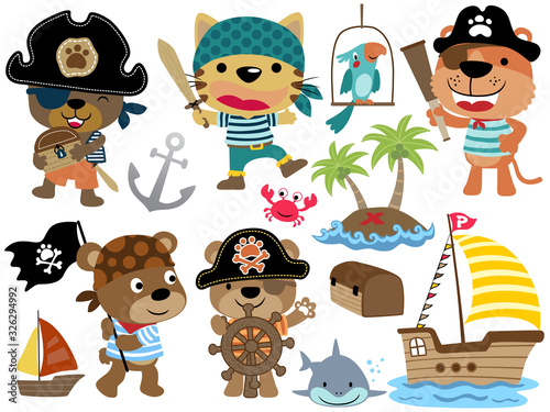 Funny animals pirate cartoon collection set. Buccaneer element cartoon