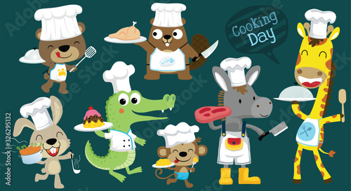 vector cartoon set of funny animals cooking, chef master competition