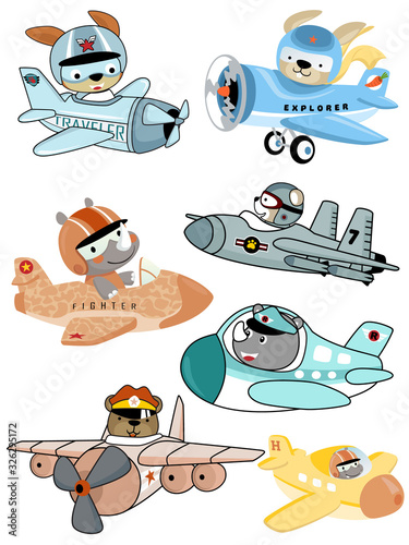 set of airplanes cartoon with funny animals pilot