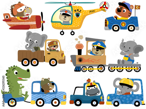 set of cute animals cartoon on vehicles