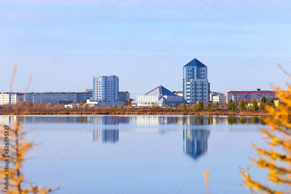 Nadym city and Yantarnoe lake in autumn in the North of Western Siberia