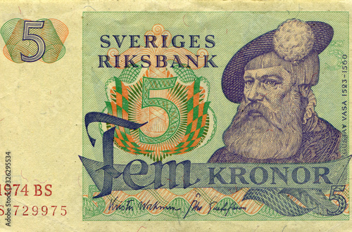 Swedish King Gustav I (Gustav Vasa) (1523-1560). Portrait Sweden 5 Kronor 1974 Banknote. Old paper money banknote, vintage retro. photo