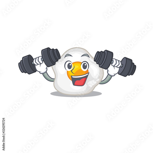 Sporty Fitness exercise fried egg mascot design using barbells